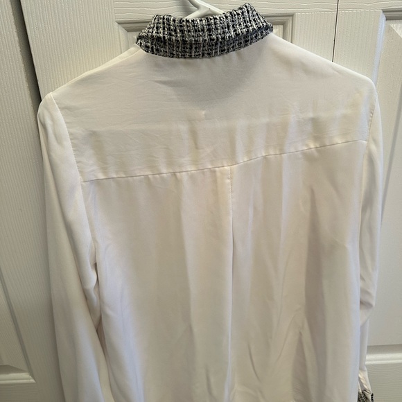 Zara sheer white blouse with black printed collar, sleeves. Gold buttons Size L. - Picture 3 of 6